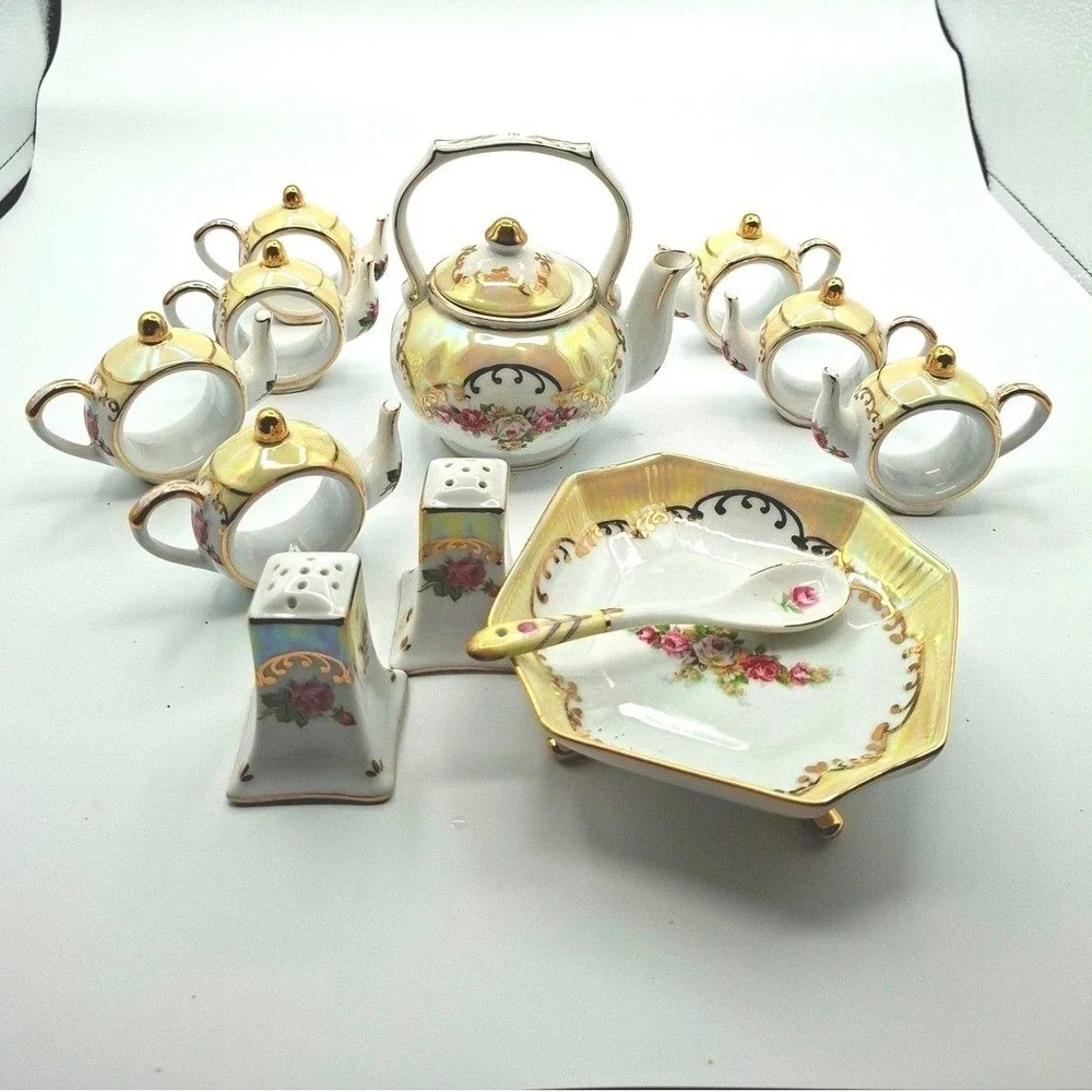 Vintage Lusterware Porcelain Tea Set Rose Floral Napkin‎ Rings Shakers Dish 12pc